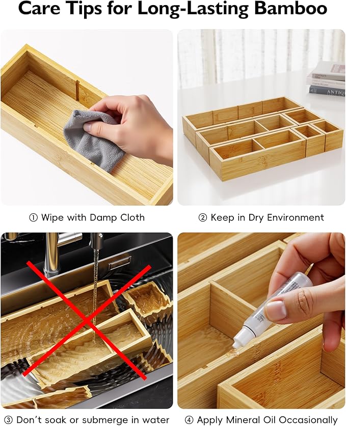 Desk Drawer Organizer Tray Set of 6 – Bamboo Office Storage Boxes with 12 Compartments for Office Supplies, Cosmetics, Jewelry and More