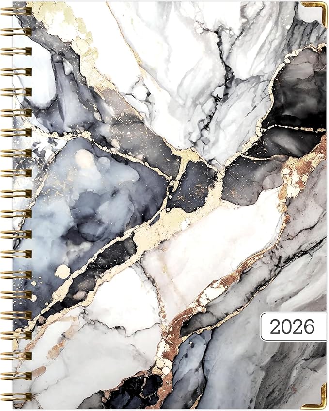 HARDCOVER 2026 Planner, 8.5"x11": 14 Months (November 2025 - December 2026), Daily Weekly Monthly Planner, Yearly Agenda, Bookmark, Pocket Folder and Sticky Note Set (Black Gold Marble)
