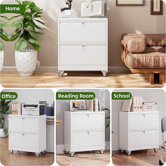 Aobabo 2 Drawer Lateral File Cabinet with Wheels, Lockable Metal Filing Cabinet for Home Office, Legal/Letter Size,White,Required Assembled,15.87" D x 28.94" W x 34" H
