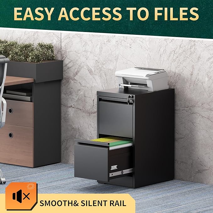 2 Drawer File Cabinet with Lock, Steel Vertical Filing Storage Cabinet for Home Office, Heavy-Duty File Cabinets for Letters/Legal/A4 (Require Assembly, Black)