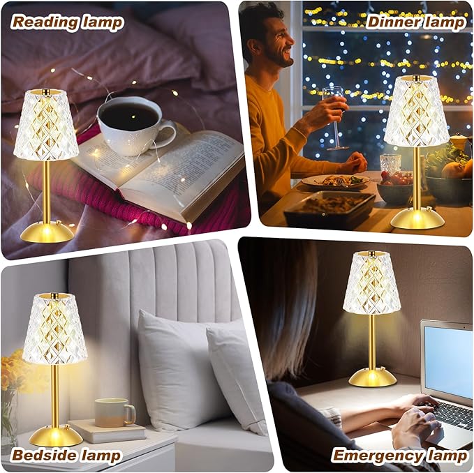 Liliful 1 Pcs LED Portable Cordless Table Lamp Touch Battery Operated Rechargeable Gold Desk Lamp 3 Color Dimmable for Bedroom Living Room Dining (Gold,Diamond Style)