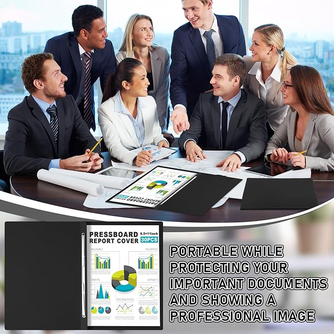 30 Pcs 8.5'' x 11'' Pressboard Report Cover, 3'' Capacity Metal Prong Fastener with Compressor, Letter Size, Presentation Folder to Neatly Bind Report, Proposal Document (Black)
