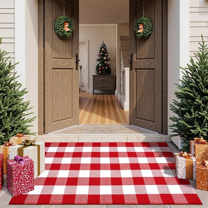 Outdoor Christmas Mats for Front Door, Cotton Washable Buffalo Plaid Rug Reversible Layered Door Mat,Farmhouse Checkered Outside Rugs for Porch Home Decor(Red & White)