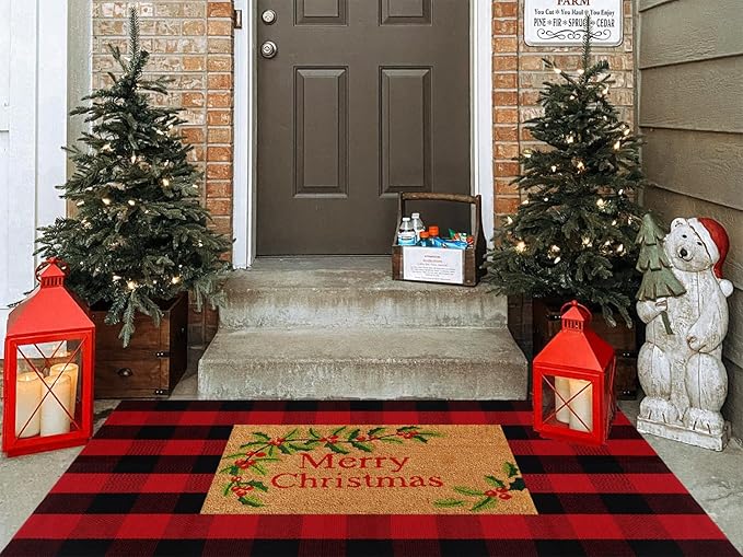Ckorzen Red and Black Plaid Rug, 3' x 5' Christmas Front Porch Outdoor Rug, Handwoven Cotton Washable Rug for Layered Door Mats, Holiday Entryway and Home Décor
