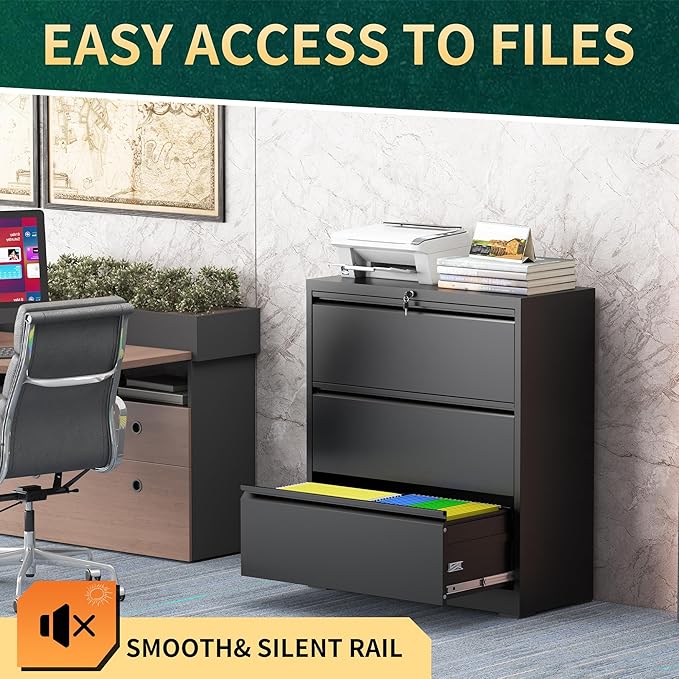 3 Drawer Lateral File Cabinet with Lock, Metal File Cabinets for Home Office, Steel Heavy-Duty Filing Storage Cabinet for Letters/Legal/A4 (Require Assembly, Black)