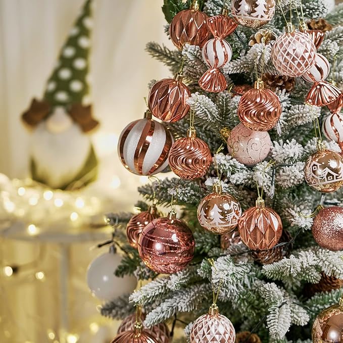 Christmas Ball Ornaments Set Assorted Shatterproof Ornaments 63 PCS Shaped Styles Xmas Tree Holiday Decorative,Rose Gold