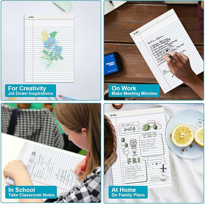 ViVin Legal Pads 8.5 x 11 Inch, Wide Ruled Note Pads, 12 Pack, 50 Sheet/Pad, Perforated Writing Pads, Notepads for Office Home School, 600 Sheets, White Paper