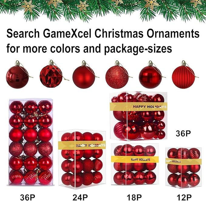 Rose Red Christmas Ornaments - Christmas Tree Decorations Shatterproof Hanging Balls for Birthday Wedding Holiday Decor Set of 36pcs, Multi-Sizes(1.6",2.5",3.2")