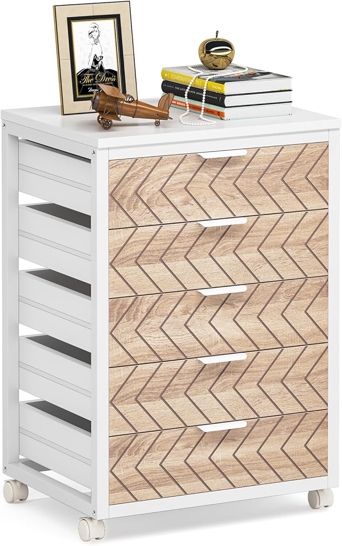 Tribesigns 5 Drawer Chest, Wood Storage Dresser Cabinet with Wheels, Industrial Storage Drawer Organizer Cart for Office Bedroom Entryway (Beige & White, 1 PC)