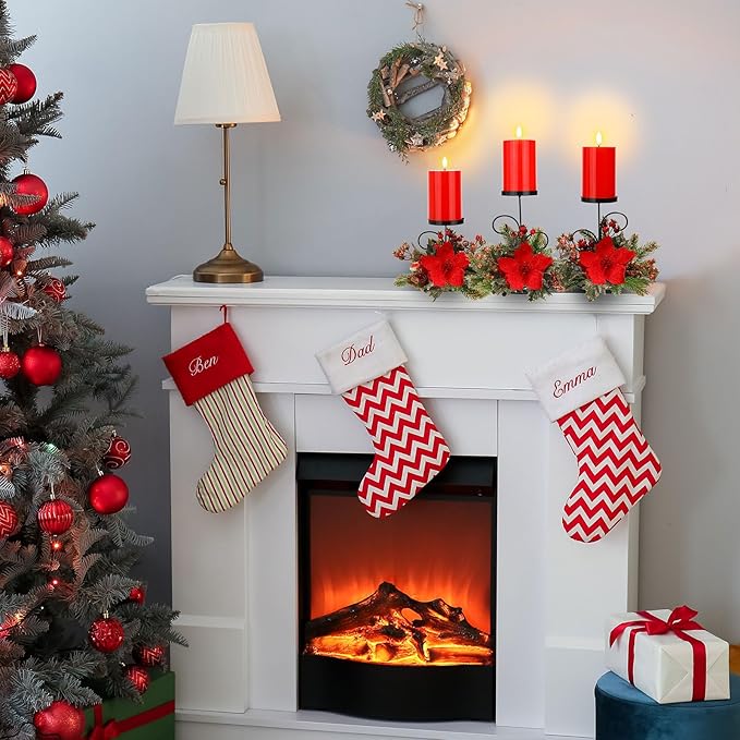 Yunlly Set of 3 Christmas Centerpiece Candleholder with Flameless Candlelights, Poinsettia Adorned Candelabrum for Xmas Family Party Holiday Table Mantle Decoration