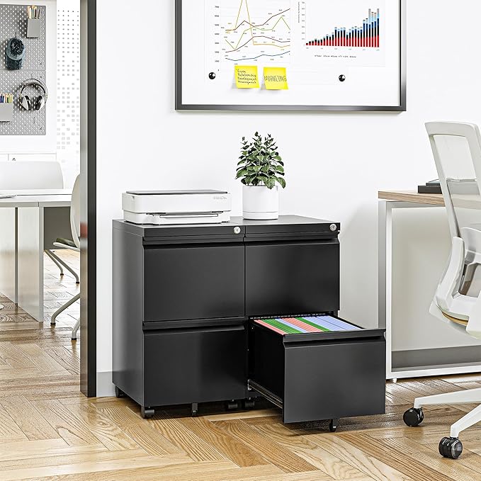 Mobile File Cabinet with Lock - 2 Drawer, Small Rolling Cabinet for Home Office, Legal/Letter/A4 (Black)