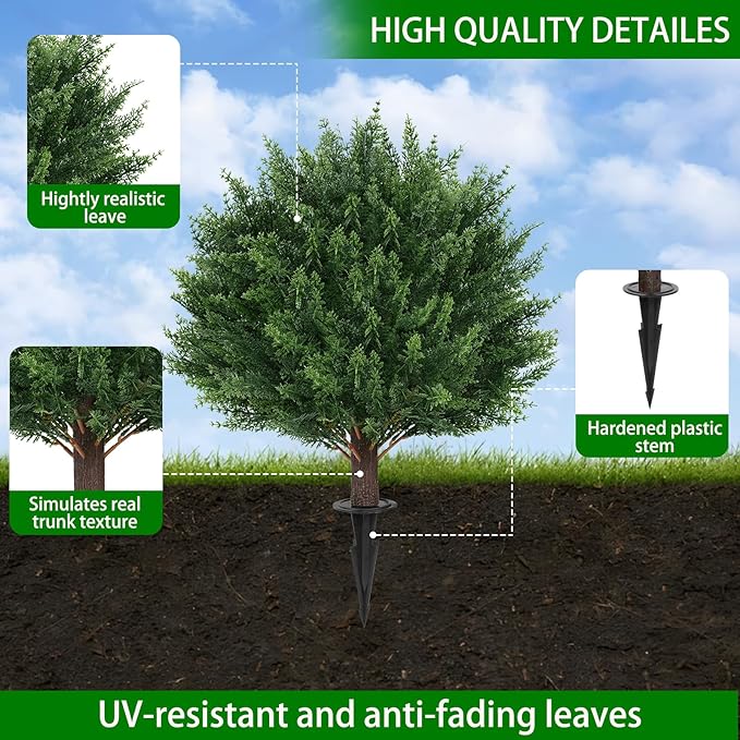 Artificial Set of 2 Cedar Topiary Ball Trees 23" for Outdoors with Ground Spike, UV Resistant Faux Cypress Plants, Evergreen Shrubs Bushes for Front Porch Garden Backyard Decor