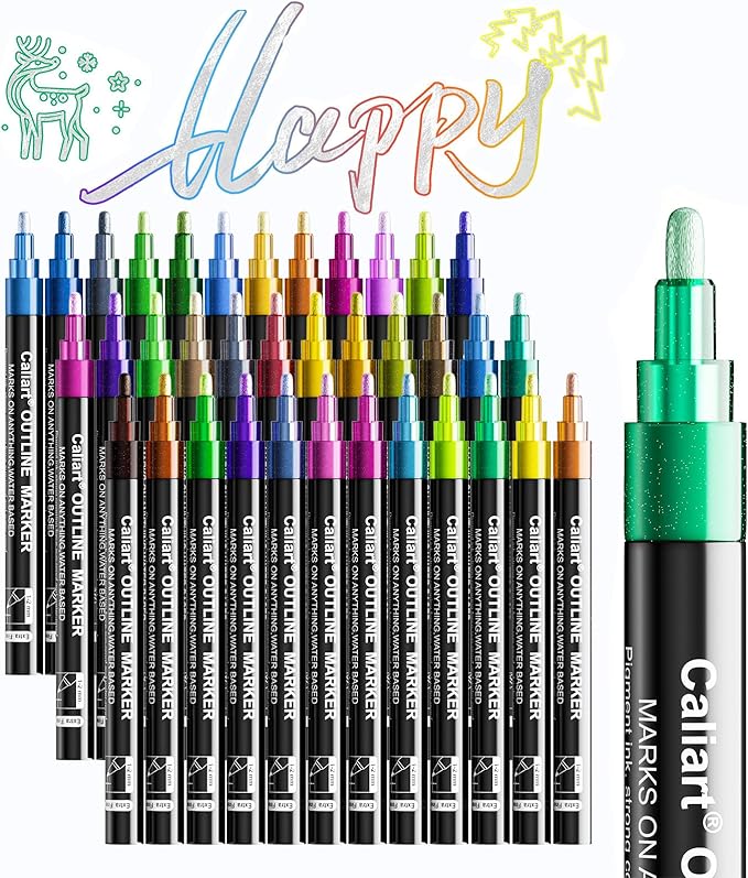 Caliart 36 Colors Outline Shimmer Markers, Glitter Metallic Marker Pens, Stocking Stuffers for Teen Girls Boys Adults Christmas Gifts Trendy Stuff, Cool Fun Craft Drawing Art Supplies Set