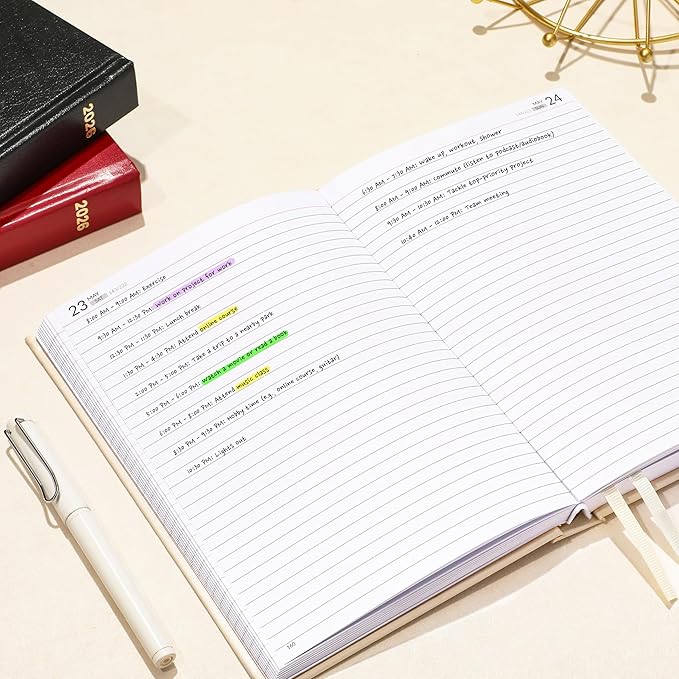 SUNEE 2026 Diary Journal Hardcover - Daily Planner Organizer for Work & School - Daily Page Layout with Holidays, Notes, Contacts - Agenda for Women & Men, Beige