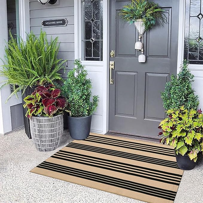 KIMODE Fall Outdoor Rug Decor 27.5"x43", Black and Khaki Striped Front Porch Rugs,Reversible Washable Front Door Mats,Hand Woven Welcome Layered Doormat Entryway Rug for Entrance Doorway