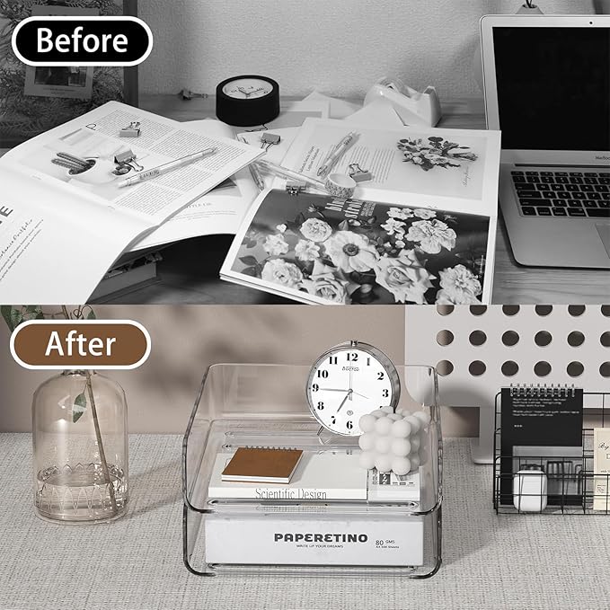 2-Tier Acrylic Paper Tray Organizer - Low-Profile Desk File Sorter for Office/Home, Clear Stackable Letter Tray for Bills, Crafts, Notebooks