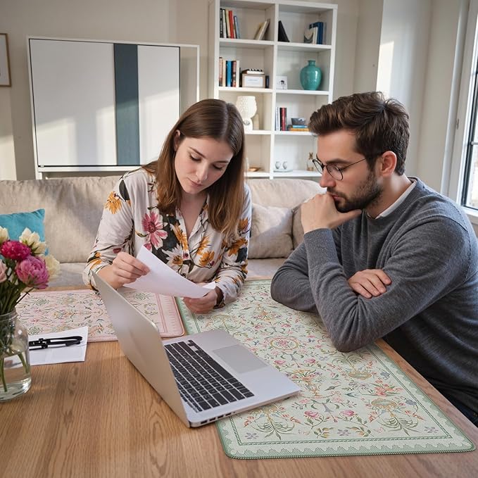 iCasso Desk Cover Mat Green,Extra Large Mouse Pad for Desktop,Anti-Slip Keyboard Pad with Stitched Edges,Cute Floral Computer Mat for Women,Aesthetic Desk Protector for Office Home Dorm