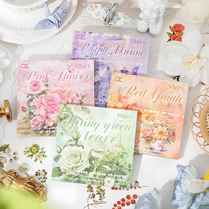 Snycler Scrapbooking Supplies, Vintage Journaling - 25 Sheets PET & 25 Sheets Paper Stickers, DIY Craft Stickers for Junk Journals, Ephemera Sticker Book, Red Flower Themes, Pre-Cut Designs