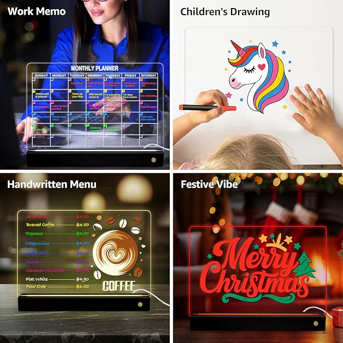 LED Note Board with 8 Colors,Acrylic Dry Erase Board with Light, Clear Monthly/Weekly Calendar, Led Drawing Board for Kids with Stand, 8 Markers, Adapter, Soft Cloth, Holiday Trend Gift (Black)