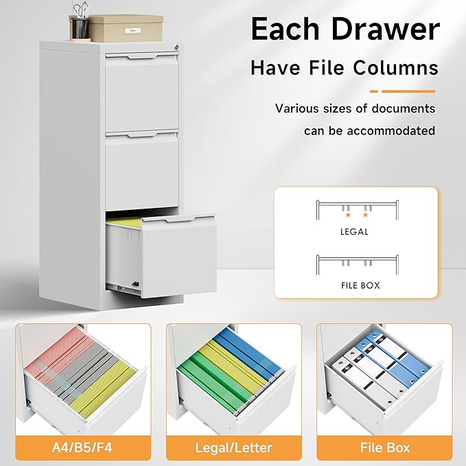 Bestoo 3-Drawer File Cabinet with Lock, Metal Filing Cabinet for Home Office, Vertical Filing Storage Cabinets, Fits File Folders, Letter/Legal/F4/A4 Size, Assembly Required (White)