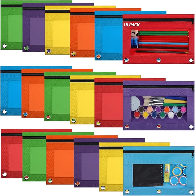 18 Pack Pencil Pouch for 3 Ring Binder, Rings Pencil Pouch with Zipper and Clear Window, Binder Organizing Storage Bags for Office Supplies (6 Colors)
