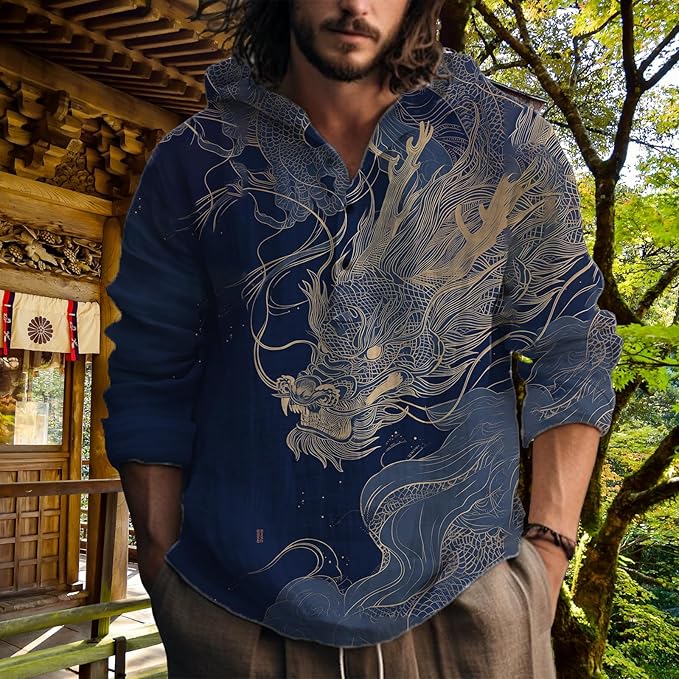 MARSVOVO Hooded Long Sleeve Shirt Men Fashion Graphic Button Up Lightweight Big and Tall Casual Vacation Shirts for Men