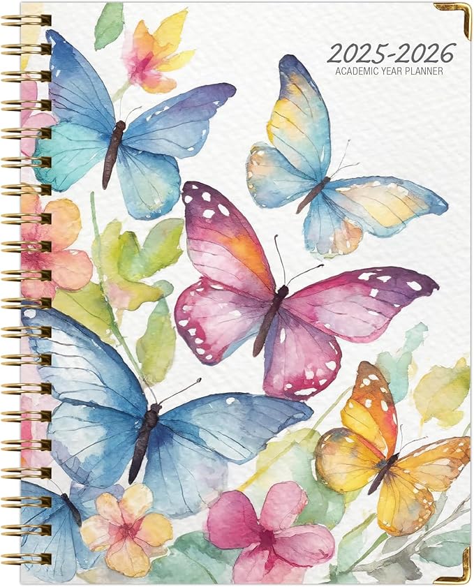 HARDCOVER Academic Year 2025-2026 Planner: (June 2025 Through July 2026) 8.5"x11" Daily Weekly Monthly Planner Yearly Agenda. Bookmark, Pocket Folder and Sticky Note Set (Watercolor Butterflies)