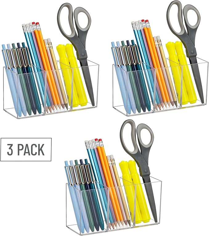Mind Reader Pen and Accessories Holder, Desktop Organizer, Makeup Organizer, Office, Acrylic, 7" L x 2.5" W x 3.5" H, Set of 3, Clear