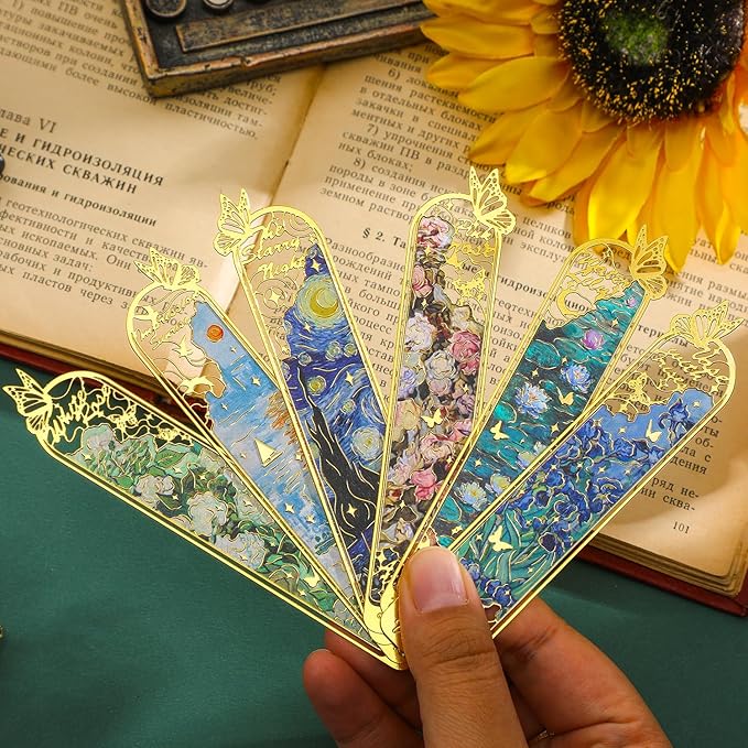 6 Pieces Metal Clip Bookmarks for Women, Golden Hollow Butterfly Bookmark Monet Oil Painting Theme Book Mark Birthday Funny Art Gifts for Book Lovers Writers Readers Children Teens Men