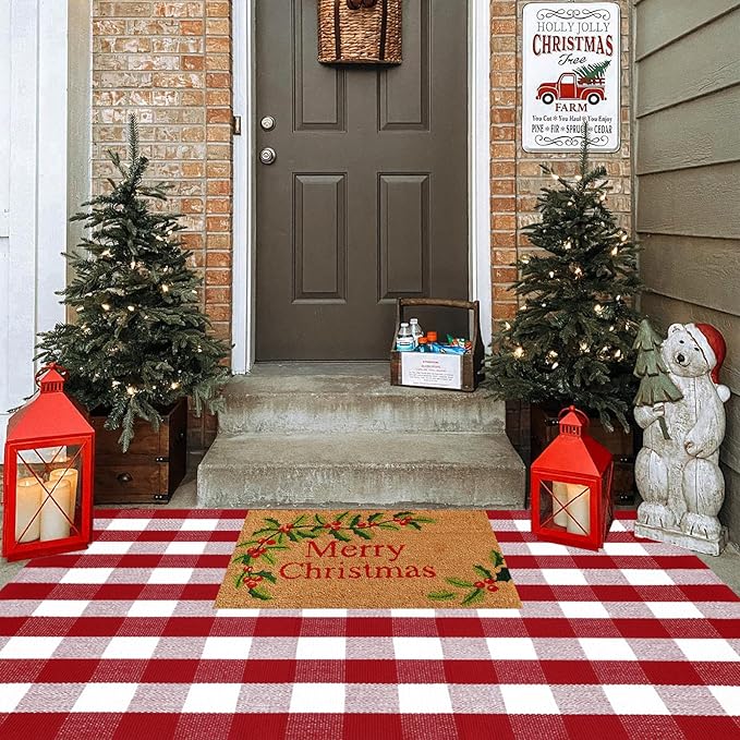 Ckorzen Red and White Plaid Rug, 4' x 6' Christmas Front Porch Outdoor Rug, Handwoven Cotton Washable Rug for Layered Door Mats, Holiday Entryway and Home Décor