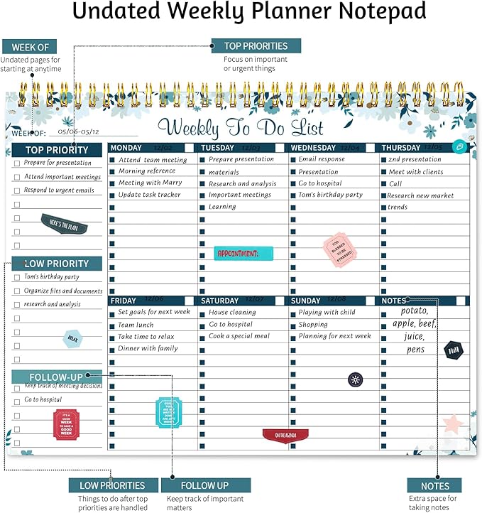 Thboxes 52 Sheets Weekly To Do List Notepad, 8.5" x 11" Efficiently Plan Weekly Task List Notepad for Student Work Home Office School Improve Focus and Efficiency Weekly Planner Blue