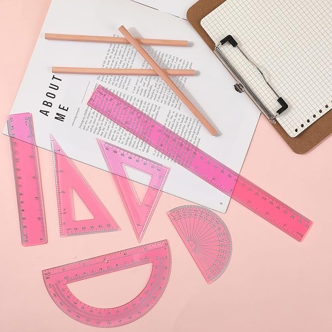 Tenare 1 Set Plastic Clear Math Set Includes Protractor Triangle Rulers 12 Inch 6 Inch Straight Geometry Math Transparent Ruler Measuring Tool for School Office Home Supplies(Pink)