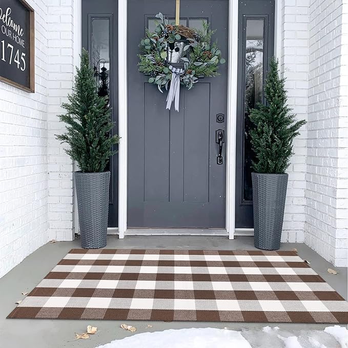KIMODE Fall Decor Buffalo Plaid Outdoor Rug 3'x5' Brown and White Checkered Rug Farmhouse Cotton Fall Front Outdoor Autumn Door Mat Washable Indoor Outdoor Area Rug Carpet for Front Porch