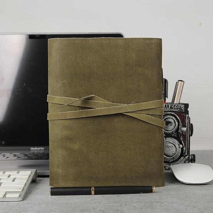 Handmade Leather Journal 8x6 Inch | Green Vintage Notebook with Unlined Paper | Cotton Recycled Paper | Antique Travel Diary, Sketchbook, Writing Journal for Men & Women