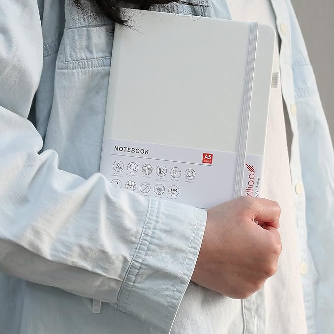 Deziliao Lined Journal Notebooks with Pen Loop, Hardcover Notebook Journal for Work, 100Gsm Premium Thick Paper with Inner Pocket, Medium 5.7"x8.4", (White, Ruled)