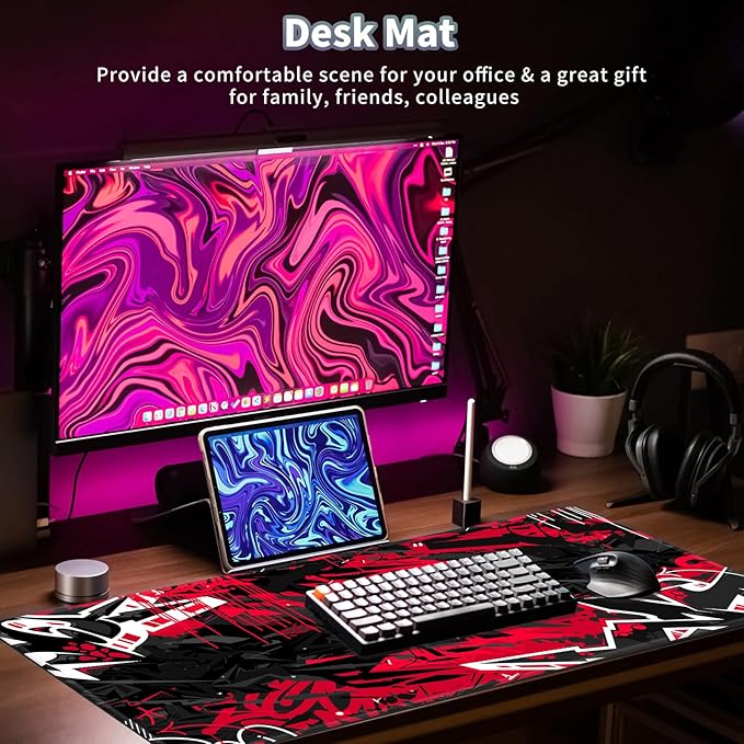 Gaming Mouse Pad, EDGFRTOIO Keyboard Mouse Pad 31.5x15.7 inch XXL Large Computer Laptop Cool Desk Mat with Non-Slip Rubber Base and Stitched Edge for Home Office Work, Black Red Graffiti
