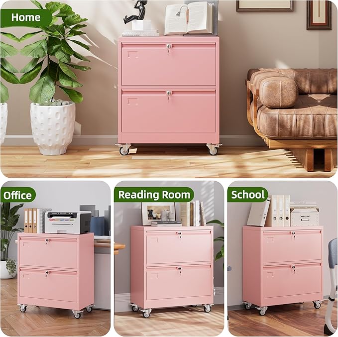 Aobabo 2 Drawer LateralFile Cabinet with Wheels, Lockable Metal Filing Cabinet for Home Office, Legal/Letter Size,Pink,Required Assembled,15.87" D x 28.94" W x 34" H