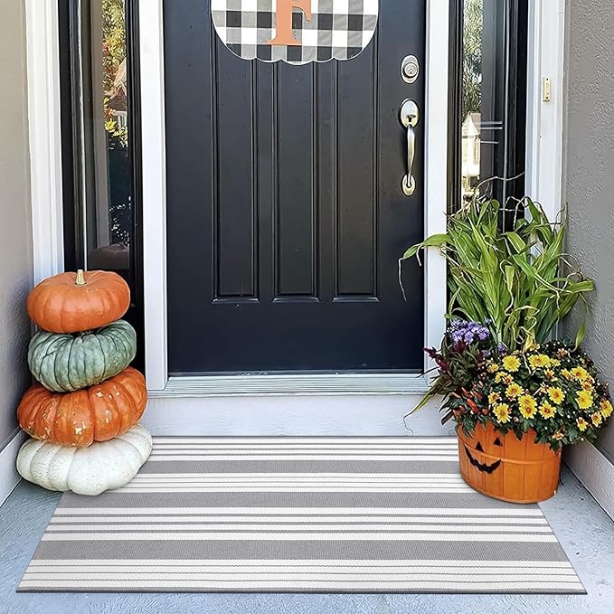 OJIA Christmas Front Door Rug 24''x51'' Gray and White Striped Outdoor Rug Machine Washable Porch Rug Front Door Mat Outdoor Indoor Area Rugs Cotton Woven Entry Mat for Home Entrance/Farmhouse