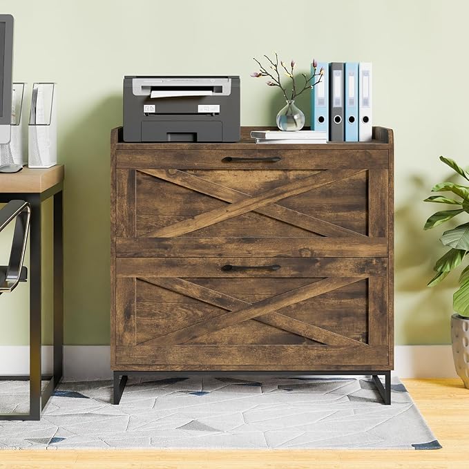 Lateral File Cabinet 2 Drawer File Cabinet with Charging Station for Legal/Letter/A4 Size Hanging Files, Large Wood File Storage Cabinets Printer Stand for Home Office, Rustic Brown