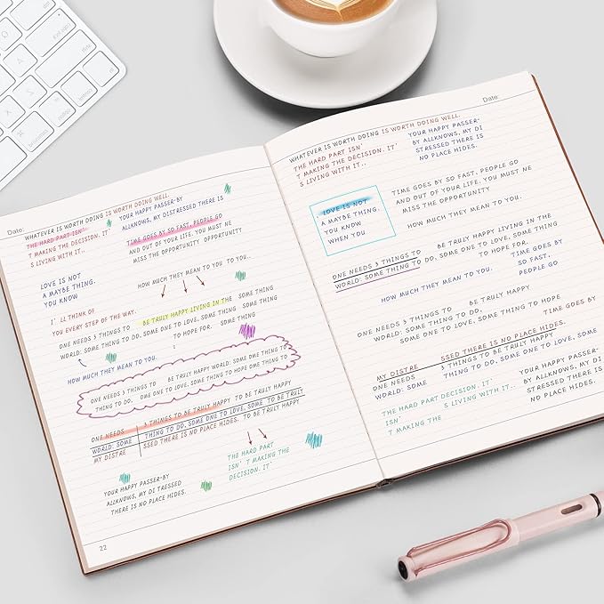 EMSHOI College Ruled Composition Notebook - Large B5 Notebook Lined Journal Leather with Free Sticky Notes, 204 Numbered Pages,100gsm Thick Lined Paper, Softcover, 7.5"x10"-Khaki