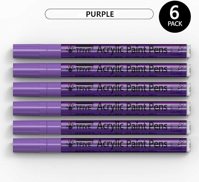 Purple Marker Paint Pens - 6 Pack Acrylic Purple Permanent Marker, 0.7mm Extra Fine Tip Paint Pen for Art Projects, Drawing, Rock Painting, Ceramic, Glass, Wood, Plastic, Metal, Canvas DIY Crafts