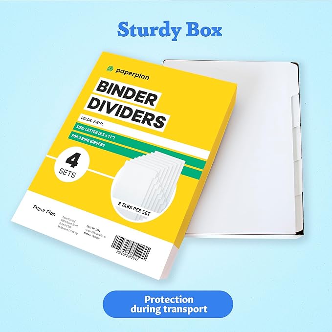 Binder Dividers with Tabs - (Set of 4) x 8-Tab Dividers for 3 Ring Binders, White, Reinforced Edge - Ideal for Keeping Your Documents Neat and Professional