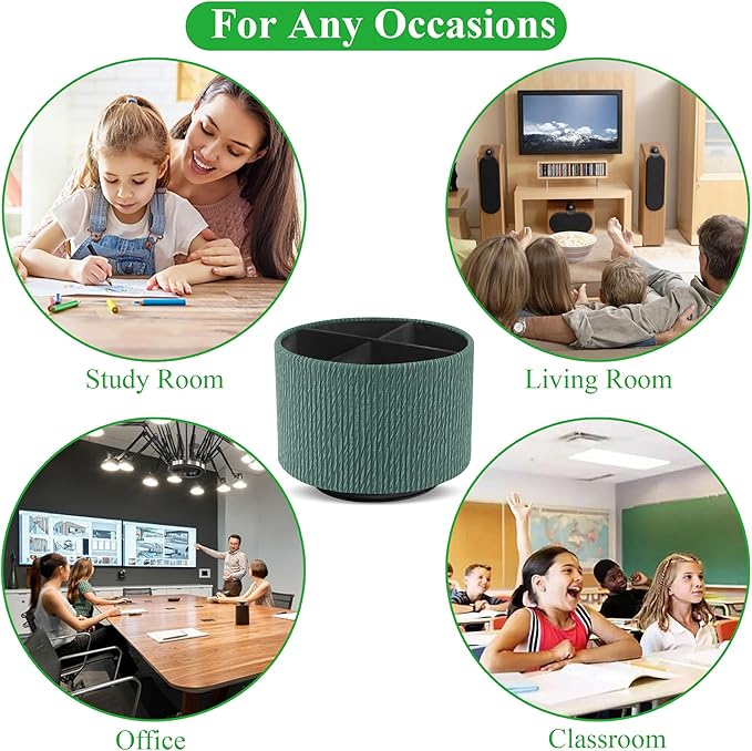 Hennaja Round Leather Art Supply Organizer,Remote Control Holder,360 Degree Spinning,Multi-Functional Pencil Holder,4 Compartments Desktop Stationary Organizer(1-Wood Green)