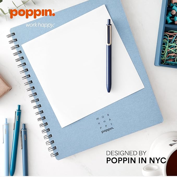 Poppin Stylish Retractable Gel Pens - Fine Point, 0.7mm Tip Pens for Journaling, 12 Pack of Assorted Blues with Blue Ink