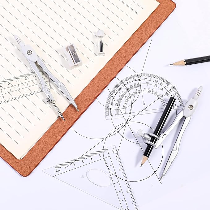 Math Geometry Kit Sets 10 Piece Student Supplies with Shatterproof Storage Box,Includes Rulers,Protractor,Compass,Eraser,Pencil Sharpener,Lead Refills,Pencil,for Drafting(White)