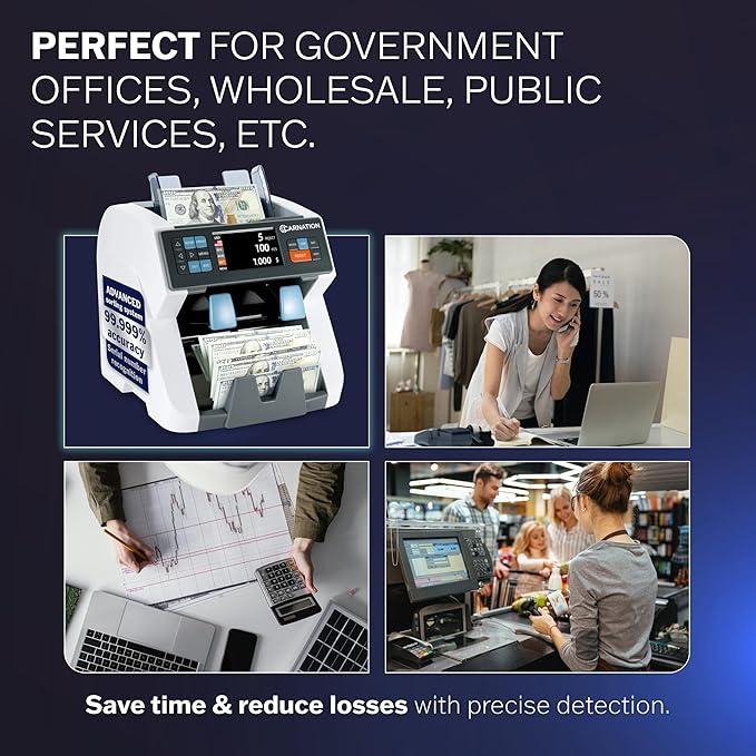 Carnation CR8 Mixed Denomination Money Sorter with Built-in Printer – Bank-Grade Bill Counter with Counterfeit Detection, Serial Number Tracking, Multi-Currency Support & 2 CIS Sensors