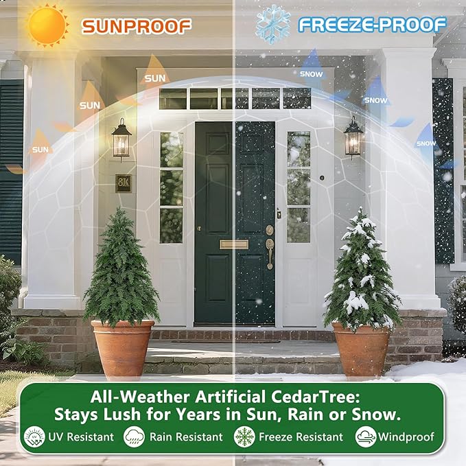 3FT Artificial Topiary Tree with Pot, 2 Pack Fake Evergreen Tree for Porch, Artificial Plants for Outdoor Christmas Home Garden Decor