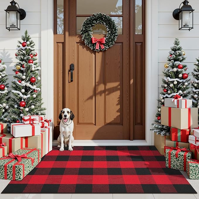 KIMODE Christmas Buffalo Plaid Outdoor Rug 3'x5',Red and Black Christmas Doormats Outside, Washable Front Door Mat, Reversible Outdoor Christmas Decor for Front Porch Entryway Kitchen Bedroom