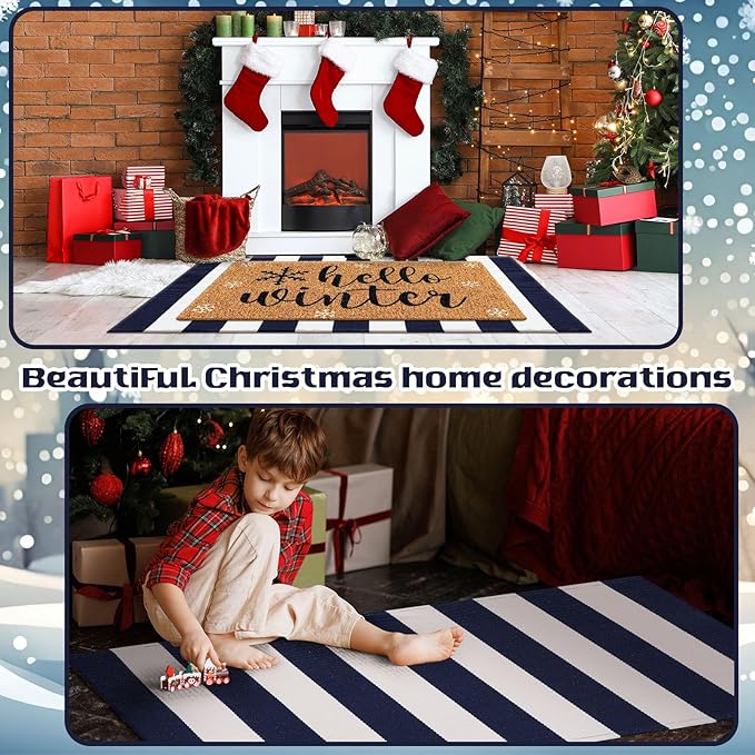2 Pcs Hello Winter Door Mat Outdoor Snowflake Nature Coir Welcome Outdoor Rug Dark Blue White Stripe Winter Front Door Rugs Non Slip Floor Mats for Indoor Entrance Porch Decor