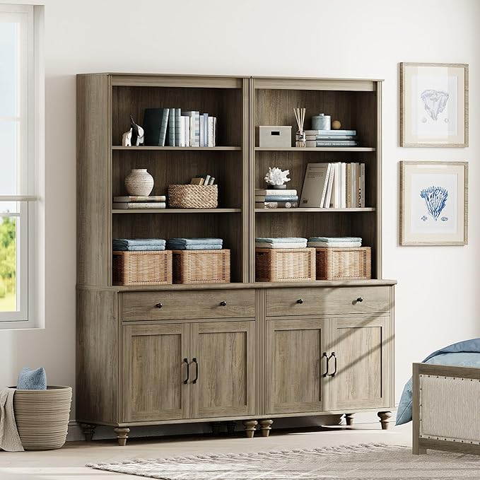 WAMPAT 5 Tier Farmhouse Bookcase 72" Tall Bookshelf with Barn Doors, Large Display Book Shelf with 2 Drawers and Storage Cabinet, Library Wood Bookshelves for Living Room,Kitchen, Wash Grey (2PCS)